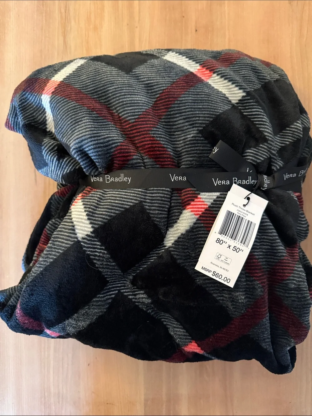 Vera Bradley Throw Blanket Cozy Paris Plaid Neutral Black Red White NWT
